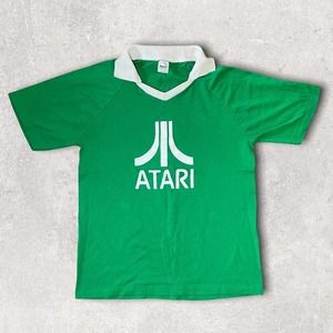 RARE VINTAGE 80S ATARI GRAPHIC POP COLLAR RAGLAN SLEEVE ATARI T-SHIRT GREEN - M